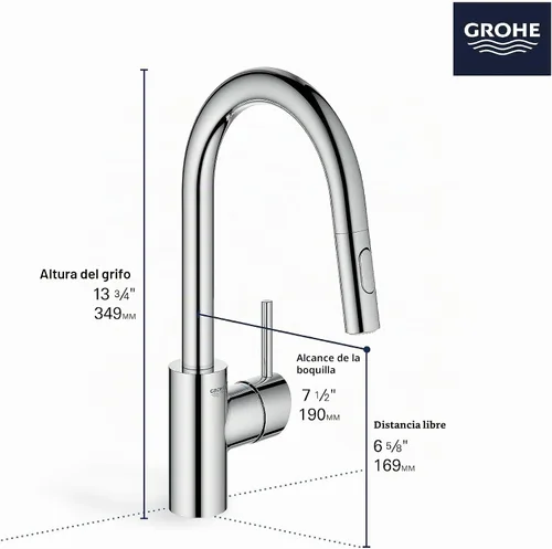 Vista 5 de GROHE 31479DC1 Grifo de cocina con barra desplegable Concetto con pulverizador. 1.75 GPM, Supersteel (acero inoxidable)