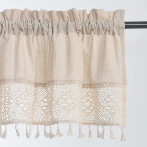 Vista 5 de Cenefa de ventana beige con línea de algodón con borlas, estilo retro rústico, media cortina de ganchillo, hecha a mano 17 × 52 pulgadas de ancho