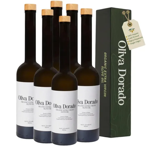 Vista 11 de Oliva Dorado Aceite de oliva virgen extra orgánico, 100% sin refinar y prensado en frío, hecho de aceitunas arbequinas ricas en polifenoles, origen