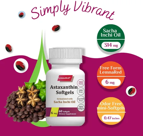 Vista 5 de Astaxantina de forma libre 6 mg Softgel-60 cápsulas blandas Suplemento dietético antioxidante más fuerte que apoya la salud de los ojos