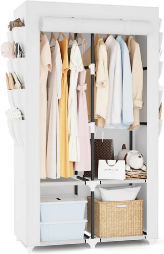 Vista 10 de Armario portátil para colgar ropa, armario portátil con tapa, 4 estantes de almacenamiento, 2 varillas para colgar y 8 bolsillos laterales, fácil