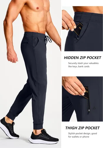 Vista 4 de Pantalones deportivos elásticos para hombre con bolsillos con cremallera, para correr, entrenamiento, gimnasio, atletismo, pantalones de golf
