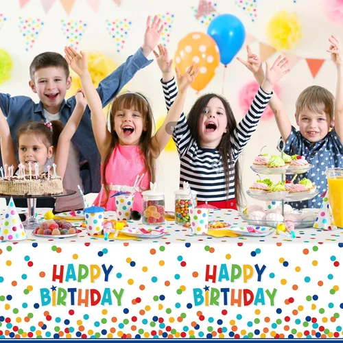 Vista 7 de Paquete de 1 mantel de plástico para decoración de cumpleaños, manteles desechables de lunares coloridos, mantel rectangular impermeable para niñas