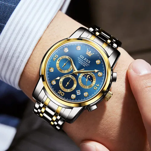 Vista 2 de Taxau Mens Watch Silver Gold Stainless Steel Watches for Men with Day Date Moon Phase Diamond Waterproof Analog Dress Men's Chronograph Wrist