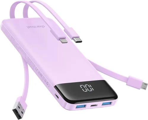 Vista 10 de Charmast Cargador portátil con cables incorporados, batería externa delgada de 10,000 mAh, cargador externo de alta velocidad con puerto USB C