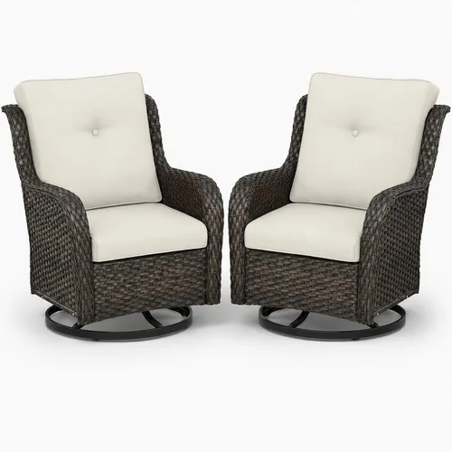 Vista 8 de HUMMUH Juego de 2 sillas giratorias de mimbre para patio, juego de muebles de ratán (marrón/beige)