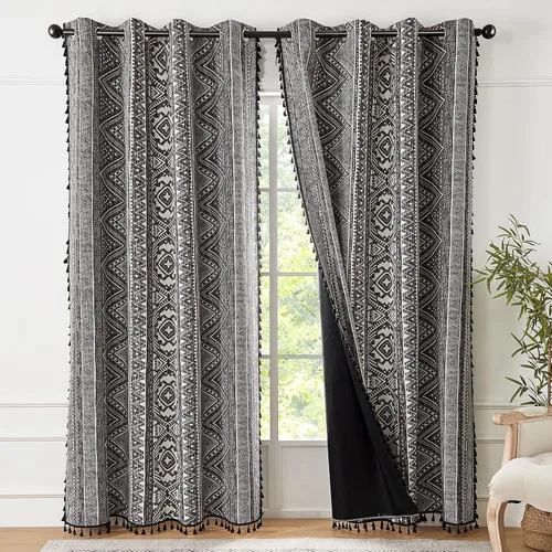 Vista 10 de Cortinas Boho ColorBird Beige Crema opacas, 2 paneles de 63 pulgadas de largo, tratamiento para ventanas con aislamiento térmico, estampado