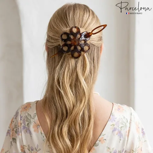 Vista 2 de Parcelona French Fleur - Pasador deslizante de pelo de 3 pulgadas con forma de concha de tortuga pequeña, pasador a través del moño, tapa de cola