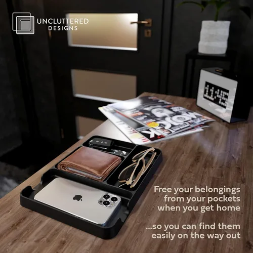Vista 2 de Bandeja de transporte de uso diario negra para hombres. Organizador EDC perfecto para tu mesita de noche, entrada, oficina y cueva de hombre, hecha