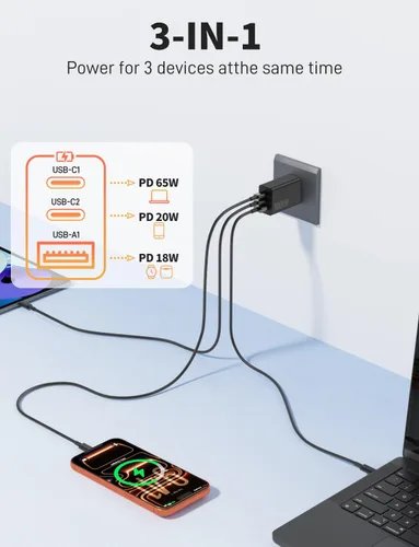Vista 2 de Paquete de 2 bloques de cargador USB C de 100 W, adaptador de pared de Negro