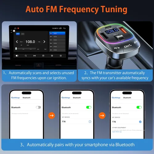 Vista 7 de Redroman Adaptador de coche USB C Bluetooth 5.4 para llamadas manos libres y carga rápida de 48 W, transmisor FM inalámbrico receptor de audio
