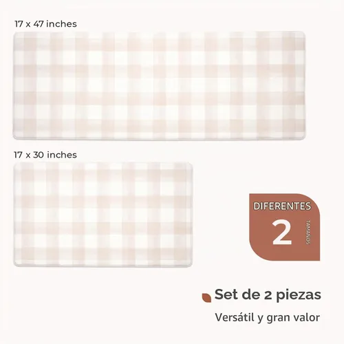 Vista 5 de FRESHMINT Juego de 2 piezas de alfombrillas de cocina estilo granja moderna con cuadros antifatiga para piso, impermeables y antideslizantes Beige