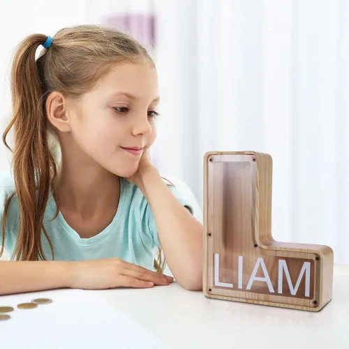 Vista 5 de Alcancía de madera con letras personalizadas para niños, niñas, niños, adultos, depósito de almacenamiento personalizado, monedas, alfabeto, caja