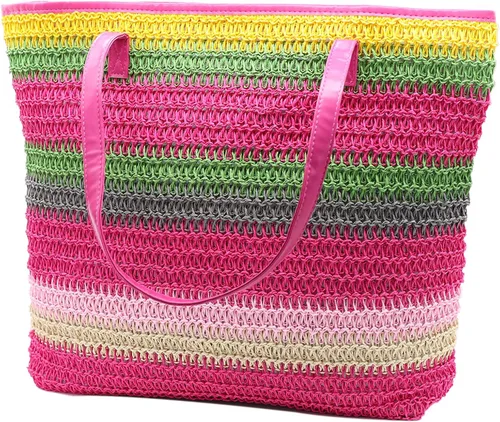 Vista 42 de Bolso grande de paja para mujer, tejido de ratán, bolso de playa de verano, a rayas