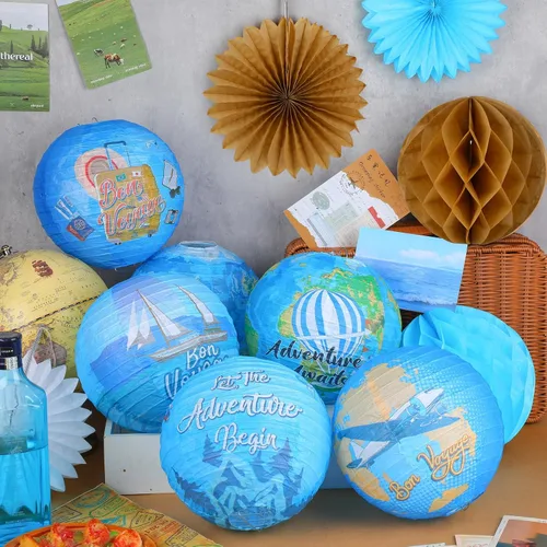 Vista 4 de Baquler 18 piezas de decoración de fiesta de viaje alrededor del mundo, Bon Voyage, linterna de papel colgante Let The Adventure Begin Fans