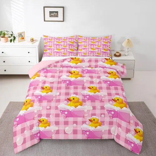 Vista 23 de Erosebridal Juego de ropa de cama a cuadros azul para niños, juego de cama individual con diseño de patos amarillos de dibujos animados, juego