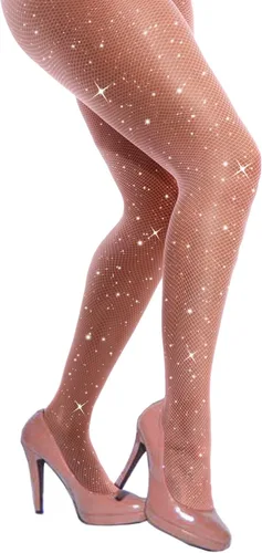 Vista 6 de VEBZIN Medias de red brillantes y sexys con joyas de cintura alta para mujer, medias de fiesta con diamantes de imitación
