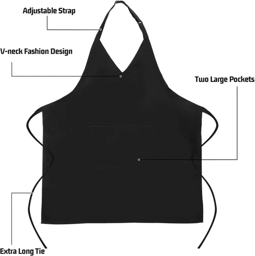 Vista 5 de 2 juegos de delantales unisex con cuello en V, delantales de esmoquin negros, delantales formales con babero, delantales ajustables para eventos