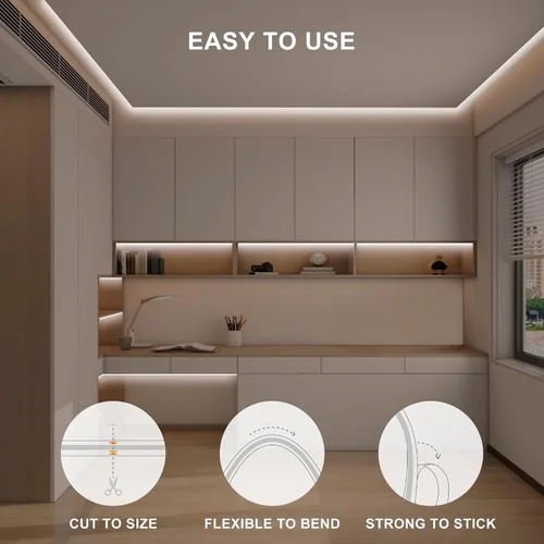 Vista 5 de Tira de luz LED COB de 16.4 pies con control remoto, 4000K Ra93+ regulable brillante luz LED COB tira de luz blanca continua para espejo, escalera