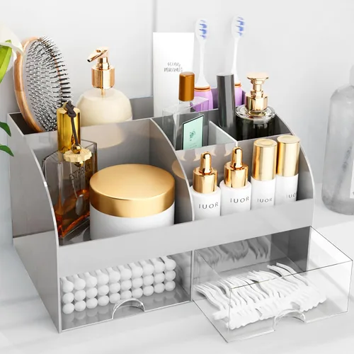 Vista 18 de Organizador de maquillaje con cajones, almacenamiento de cosméticos para tocador y encimera de baño, soporte de belleza para lápiz labial y brochas