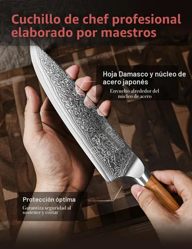 Vista 6 de Juego de cuchillos de cocina de Damasco Emojoy, 3 piezas de cuchillos de chef japoneses, cuchillo de 67 capas de Damasco con mango de madera