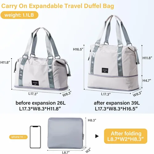 Vista 2 de Hanke Bolsa de viaje expandible de 39 litros, bolsa de lona plegable para viajes, bolsas de mano de fin de semana para mujeres con múltiples Gris