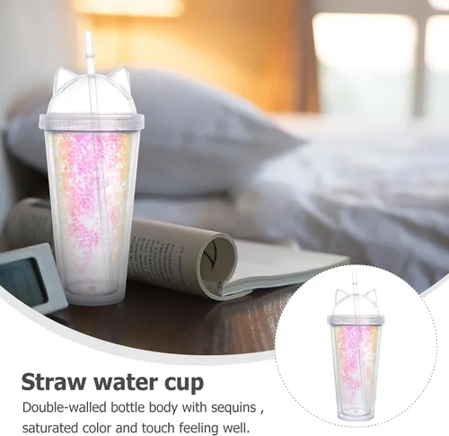 Vista 6 de UPKOCH Vaso de agua de doble pared con forma de oreja de gato, vaso de paja de plástico con lentejuelas, elegante botella de bebida reutilizable