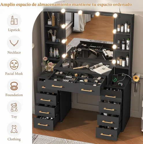 Vista 8 de Escritorio de tocador con espejo y luces, tocador de maquillaje grande de 43.5 pulgadas con parte superior de vidrio y 9 cajones, mesa de maquillaje