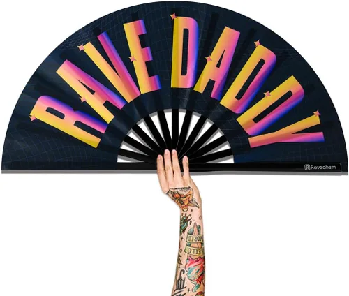 Vista 14 de Abanico para rave con brillo ultravioleta, abanico de mano plegable de bambú para hombres y mujeres (psicodélico espacial, mediano de 11 pulgadas)