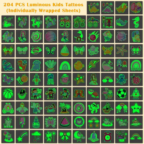 Vista 3 de Partywind 204 estilos de tatuajes temporales luminosos para niños, suministros de fiesta brillantes, regalos para bolsas de regalos, divertidas