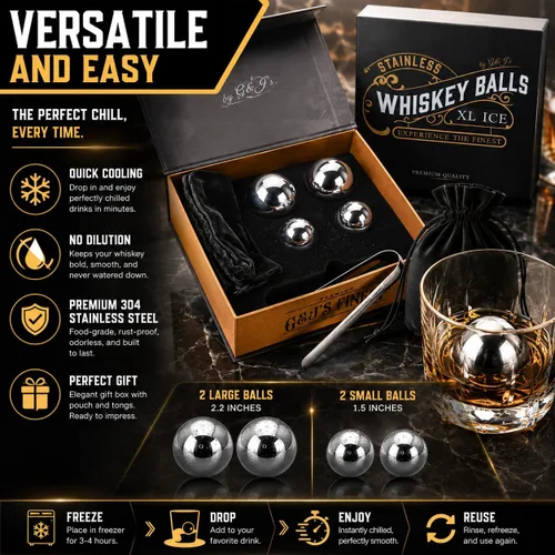 Vista 2 de G&J's Finest Premium - Juego de 4 bolas de acero inoxidable para whisky, 2 bolas extragrandes y 2 de gran tamaño con bolsas para congelador y pinzas