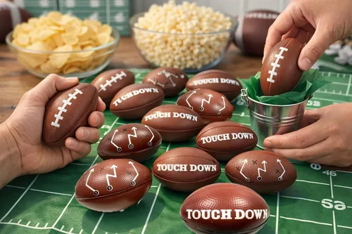 Vista 3 de GiftExpress 12 mini pelotas de fútbol americano de espuma impresas de 4 pulgadas con diseño de touchdown, pequeñas pelotas antiestrés deportivas