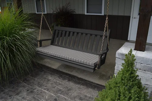 Vista 4 de Amish Made - Columpio de porche tradicional inglés de madera negra de 29 pulgadas de ancho con cojín gris Negro
