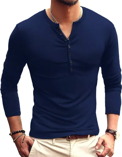 Vista 25 de YTD - Camiseta de manga larga Henley básica ajustada para hombre, estilo casual