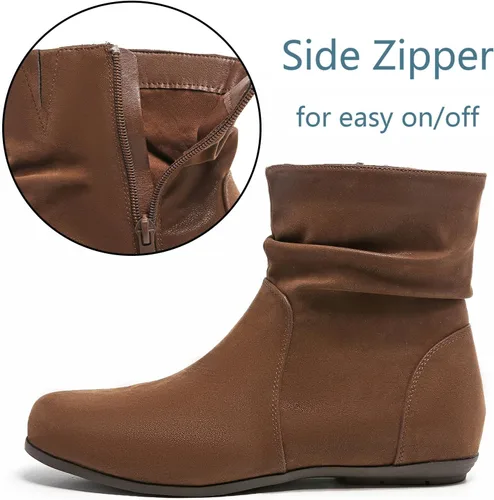 Vista 3 de Luoika Botines anchos para mujer, botas cortas negras y marrones con tacón bajo y cremallera lateral.