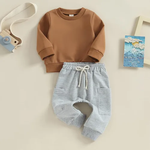 Vista 2 de Conjunto de sudadera de manga larga con cuello redondo y pantalones deportivos para bebés, ropa de invierno para bebé