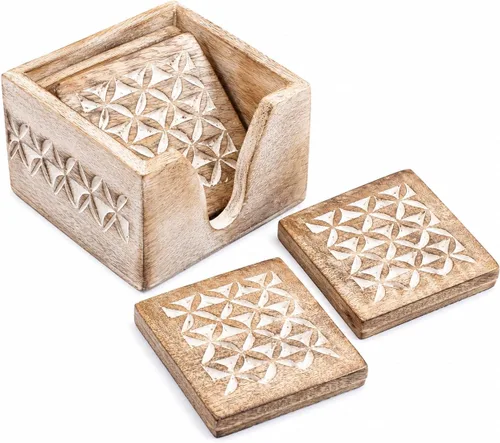 Vista 9 de Juego de 6 posavasos de madera blanqueada con soporte, posavasos rústicos para tazas de café, tazas de té y vasos, juego de posavasos de madera