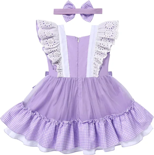 Vista 3 de Vestido de princesa a cuadros para bebé, sin mangas, vintage, de encaje, a cuadros, vestido de princesa acampanado con diadema