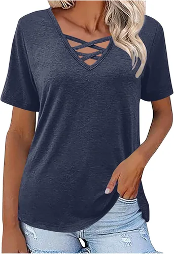 Vista 9 de Camisetas de verano para mujer, cuello en V entrecruzado, manga corta, holgadas, elegantes, casuales, básicas, suaves