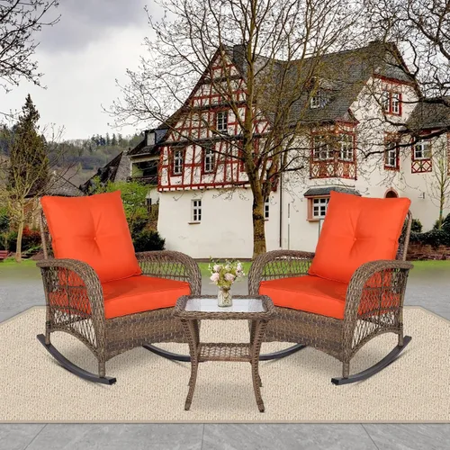 Vista 8 de Mecedora de mimbre para exteriores, silla mecedora de ratán para patio con marco de acero, silla mecedora para césped, muebles de patio, mimbre Beige