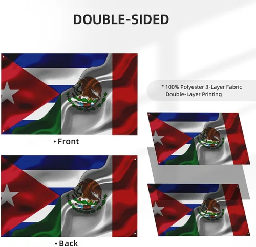 Vista 2 de Banderas de bandera mexicana de Cuba y Michoacán para exteriores de 3 x 5 pies, tres capas de tela para coser a doble cara, impresión de 3 x 5 pies