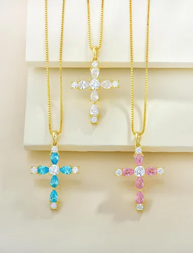 Vista 11 de YL Collar de cruz de plata de ley 925 con colgante de piedra natal religiosa para mujer