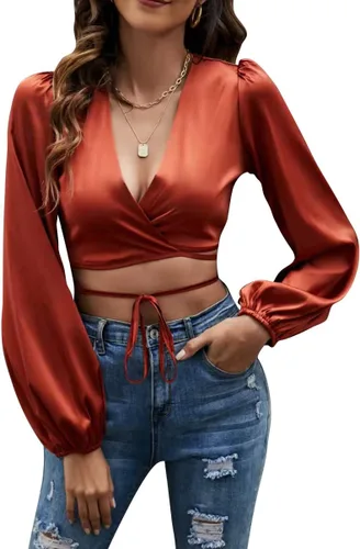 Vista 3 de LYANER Blusa corta de manga larga con cuello en V y lazo cruzado para mujer