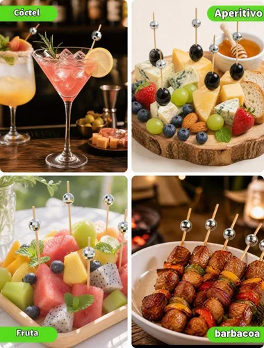 Vista 4 de 100 púas de cóctel de mini bola de discoteca plateadas para aperitivos