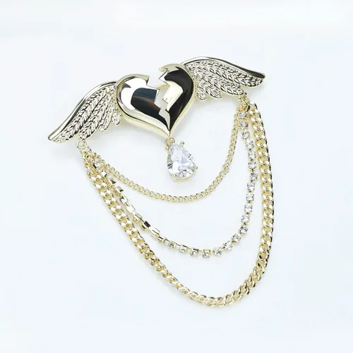 Vista 2 de VVCome Broche de corazón latiendo con alas de ángel, broche de solapa, borla y collar de cristal, broche de corazón de amor