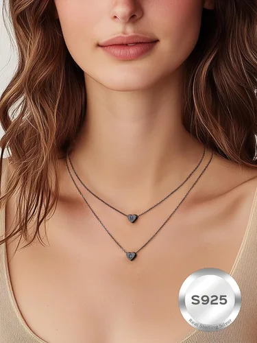 Vista 2 de ChicSilver Collares con inicial en forma de corazón de plata de ley 925 para mujer - Collar delicado con colgante de corazón personalizado y letra