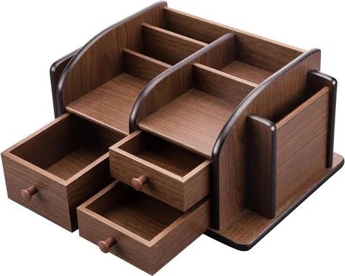 Vista 4 de MyGift organizador de elementos de escritorio y oficina, madera marrón, mueble con 3 gavetas, 3 compartimentos y 2 estantes