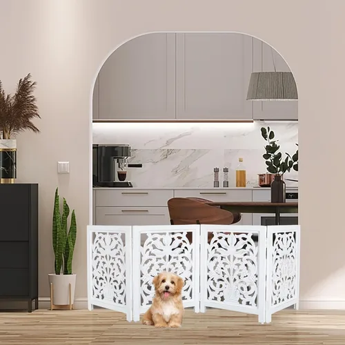 Vista 16 de Lightnpro Valla de madera geométrica para mascotas - Puerta de seguridad plegable independiente para perros, cachorros y mascotas pequeñas, valla