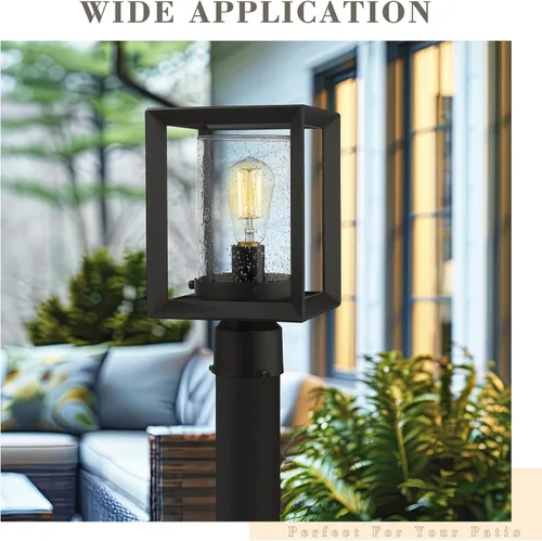 Vista 6 de Emliviar Luces de Poste Accesorio para Exteriores, Farol de Poste de 1 Luz, Acabado Negro, Vidrio Granulado, 2083P BK