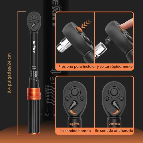Vista 5 de Llave dinamométrica de clic de 1/4 pulgada Kerry, 20-240 pulgadas-libras/2.3-27.1 Nm, ±3% de alta precisión, escalas de doble rango, claramente